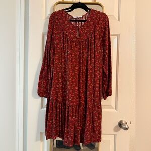Sonoma Burgundy Floral Long-Sleeve Tiered Dress